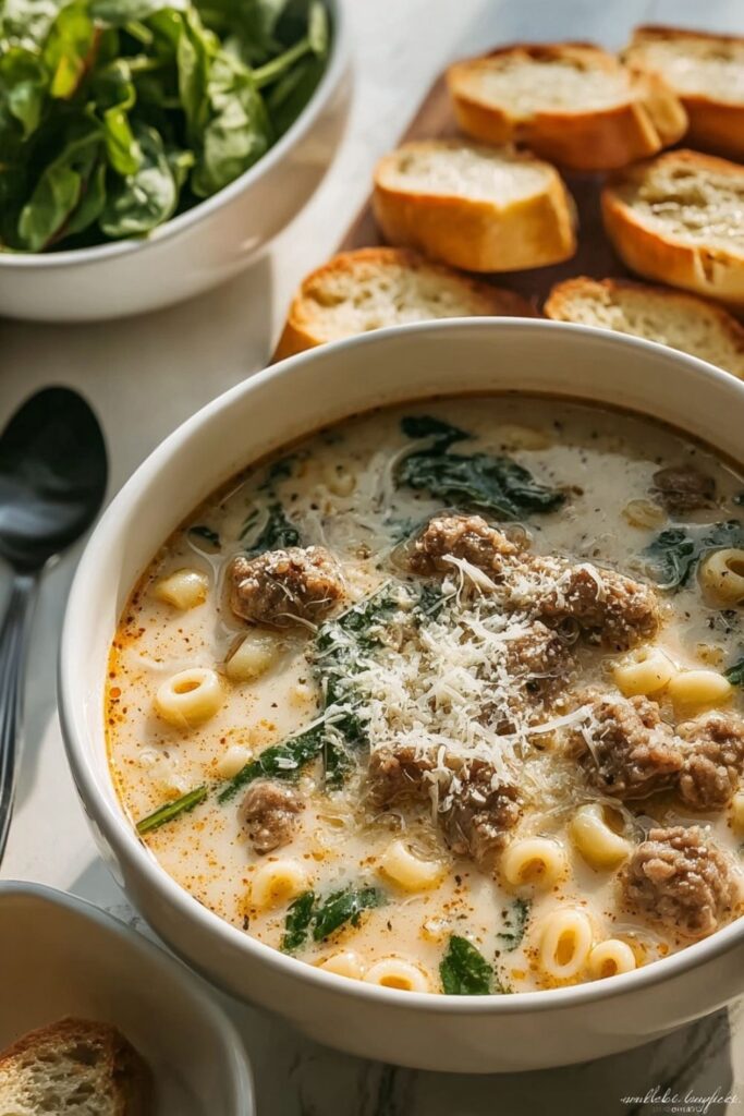 Creamy Parmesan Italian Sausage Spinach Ditalini Soup