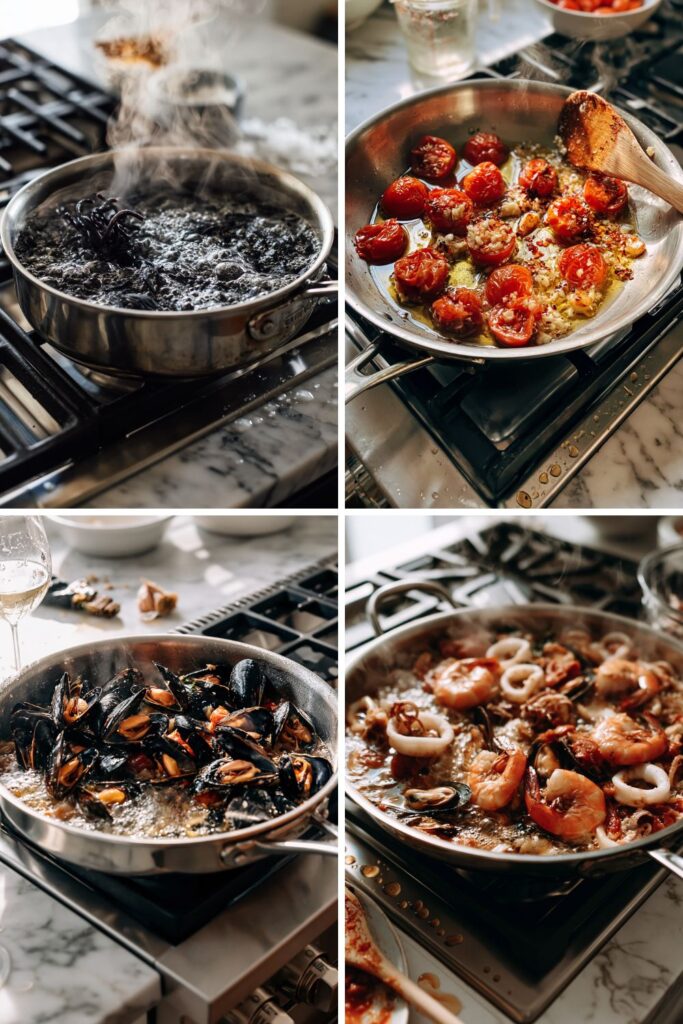 Italian Black Squid Ink Pasta With Seafood
