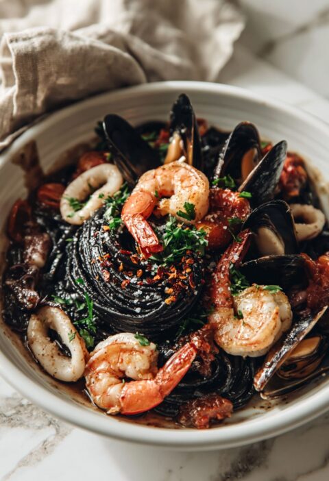 Italian Black Squid Ink Pasta With Seafood