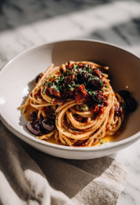 Italian Pasta Puttanesca With Olives And Anchovies