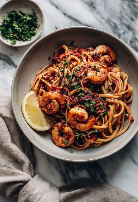 Spicy Italian Garlic Shrimp Pasta With Tomato Sauce