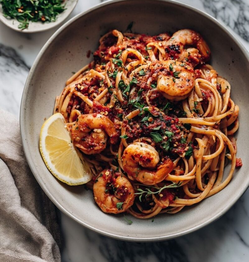 Spicy Italian Garlic Shrimp Pasta With Tomato Sauce