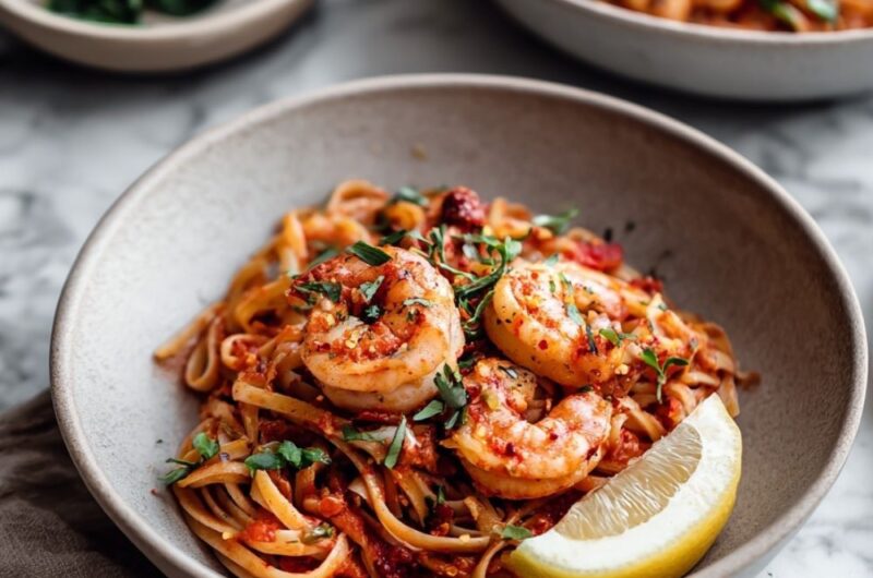 Spicy Italian Garlic Shrimp Pasta With Tomato Sauce
