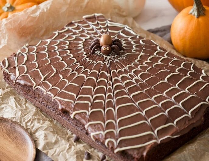 Spider Web Sheet Cake (chocolate fudge + white chocolate)