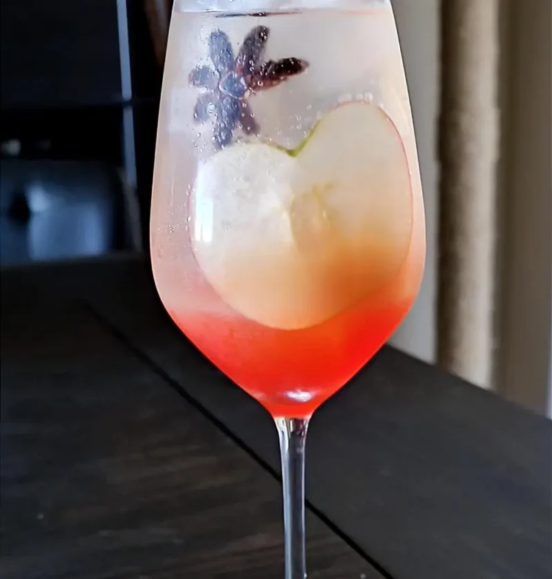 Apple cider spritz in a wine glass with ice, an apple slice and a star anise pod on a dark wooden table