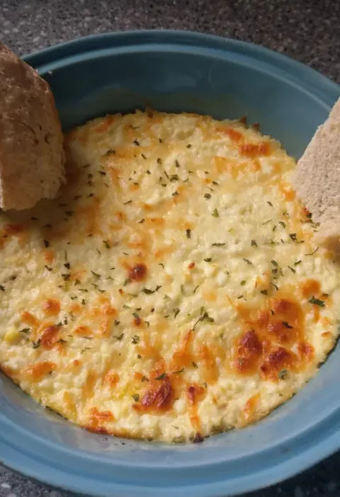 Baked ricotta dip in a blue dish, golden and bubbly on top with parsley and two slices of crusty bread