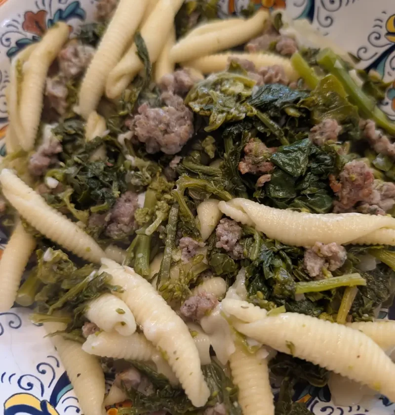 Garganelli and broccoli rabe with Italian sausage in a decorated bowl