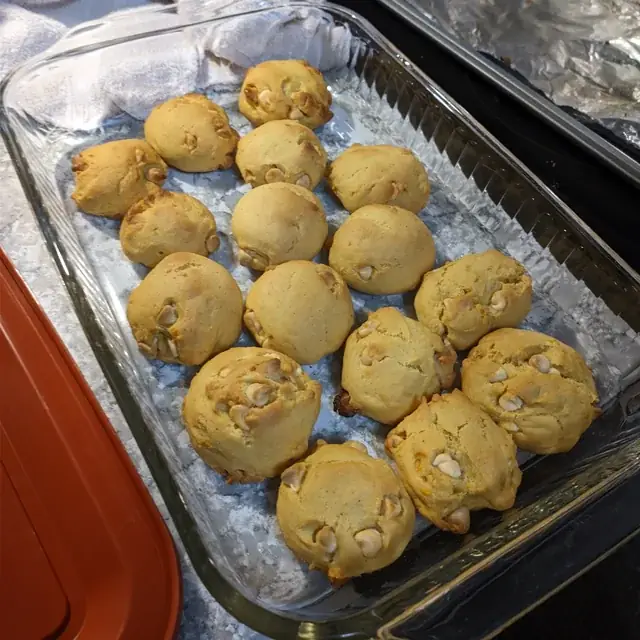 Easy pumpkin biscotti recipe: soft pumpkin cookies with white chocolate chips on a glass baking dish