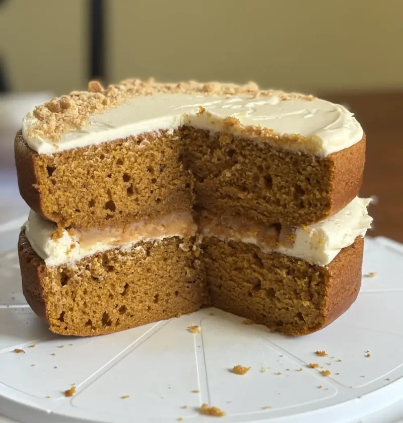 Sliced pumpkin ricotta cake showing two layers with caramel filling and cream cheese frosting