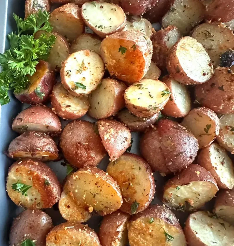 Garlic rosemary potatoes, halved and roasted golden on a baking sheet with a sprig of fresh parsley