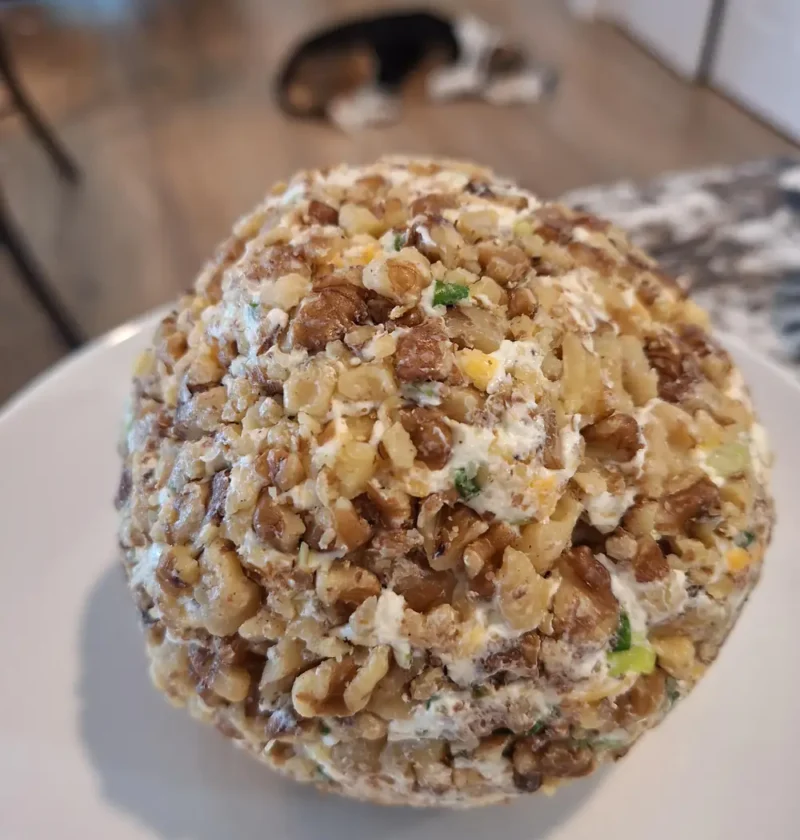 Italian cheese ball rolled in chopped walnuts on a white plate