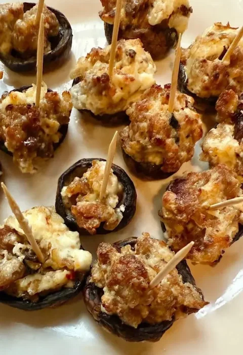 Baked Italian stuffed mushrooms topped with browned sausage and melted cheese, each with a toothpick, on a white plate