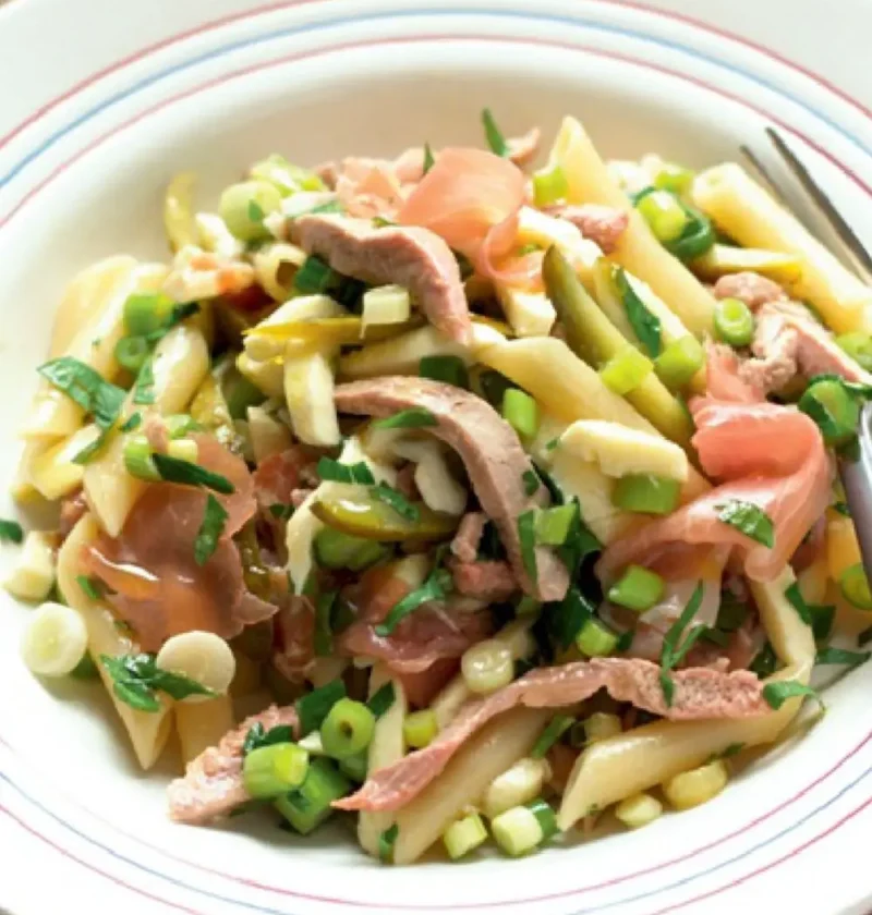 Pasta salad with meat in a white bowl, with penne, Parma ham, strips of roast duck, scallions and parsley
