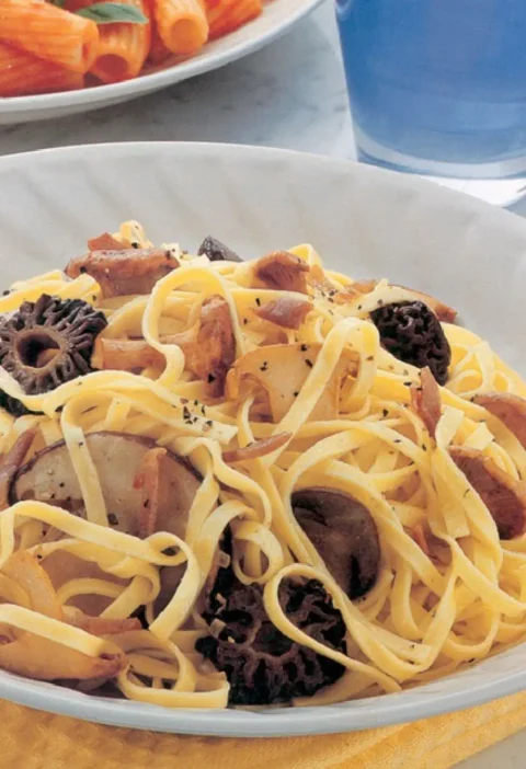 Taglierini with three mushrooms in a white bowl, with morels and sliced porcini in the pasta