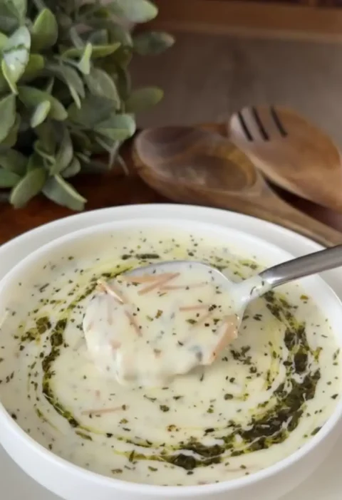 Bowl of creamy vermicelli yogurt soup with a swirl of mint butter and a spoon lifting a scoop of noodles